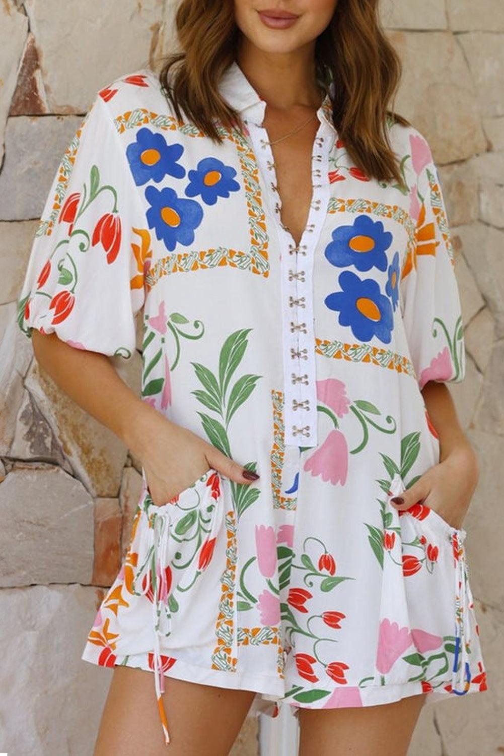 White Floral Print Split Neck Pocketed Shirt Collar Romper - L & M Kee, LLC