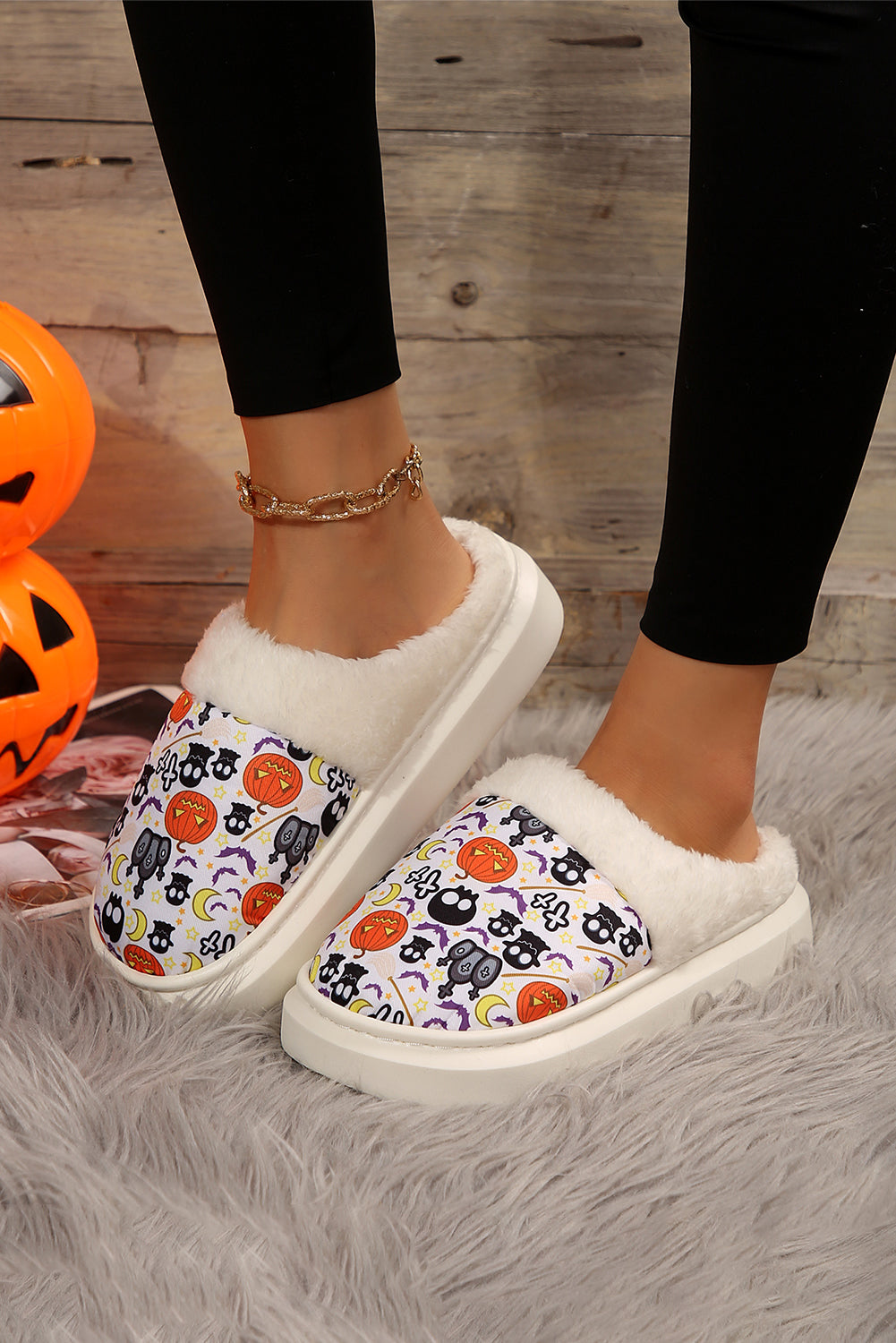 White Halloween Pumpkin Ghost Print Plush Home Slippers