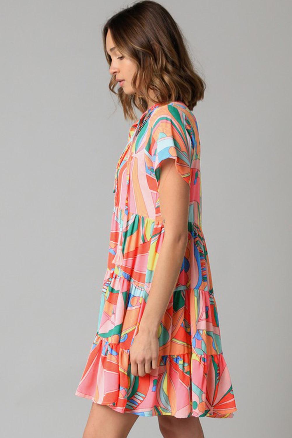 Multicolor Abstract Geometric Print Tassel Tie Flared Dress - L & M Kee, LLC