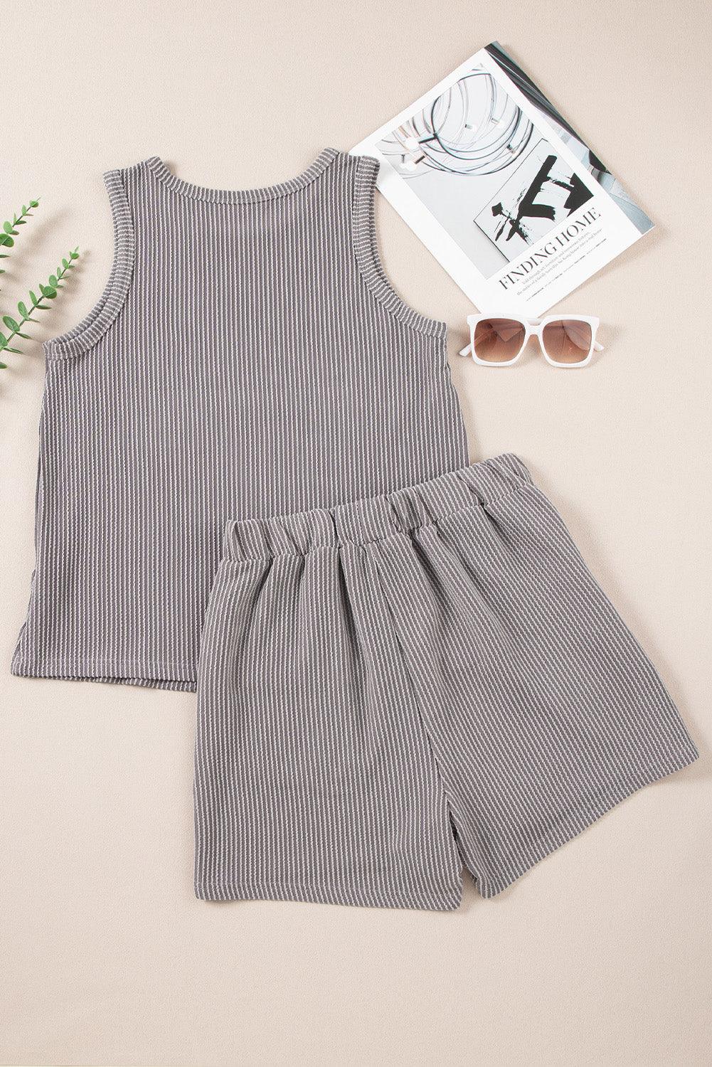 Medium Grey Corded Sleeveless Top and Pocketed Shorts Set - L & M Kee, LLC