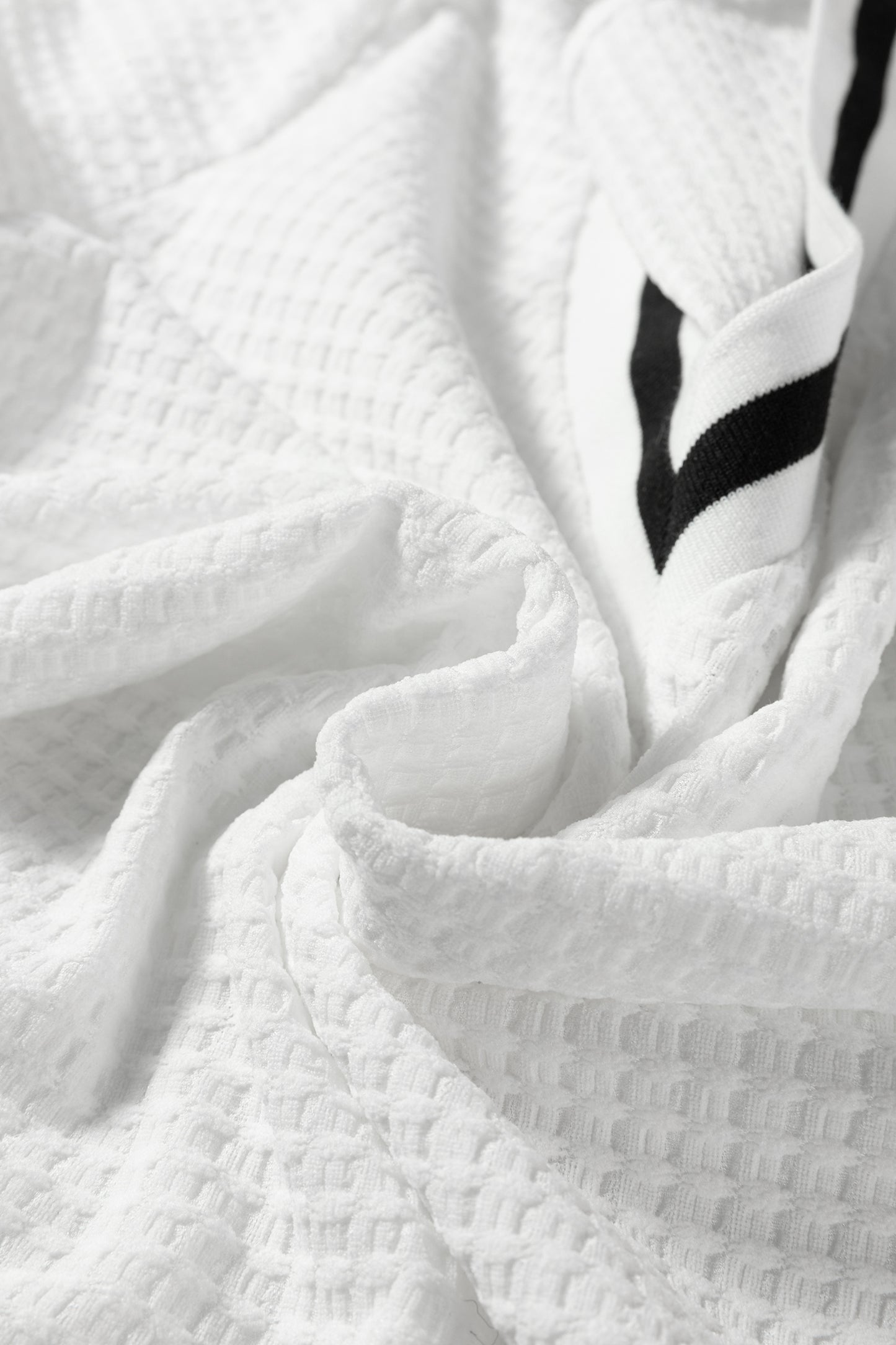 White Textured Knit Preppy Striped Trim V Neck Pullover Waffle Top