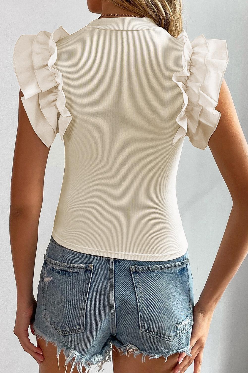 Beige Ruffle Flutter Sleeve High Neck Ribbed Blouse - L & M Kee, LLC