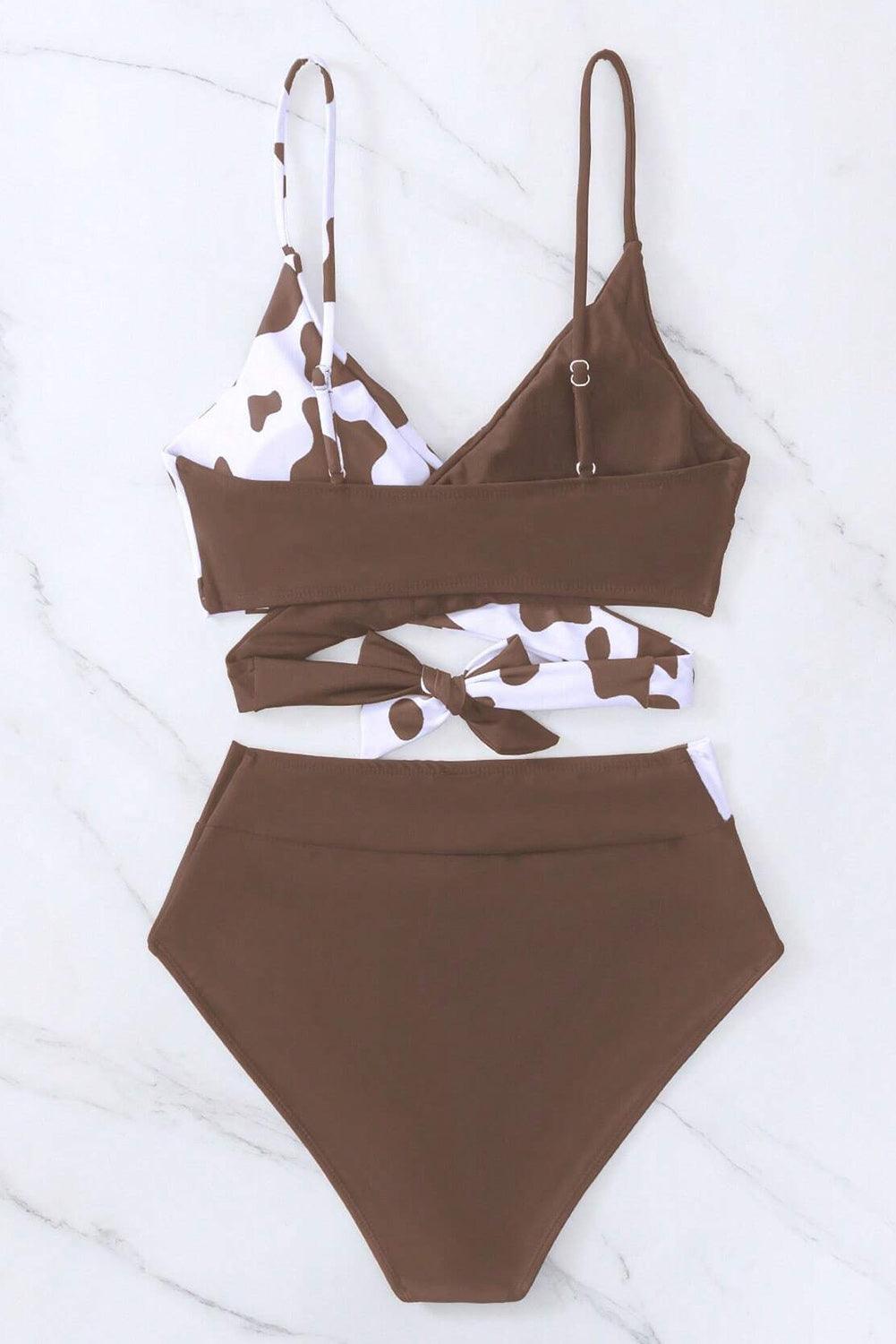 Coffee Contrast Cow Pattern Crossed Bikini - L & M Kee, LLC