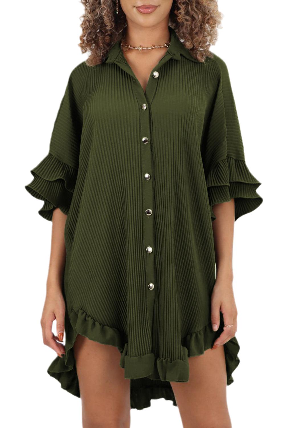 Moss Green High-low Hem Ruffle Sleeve Pleated Shirt Dress - L & M Kee, LLC