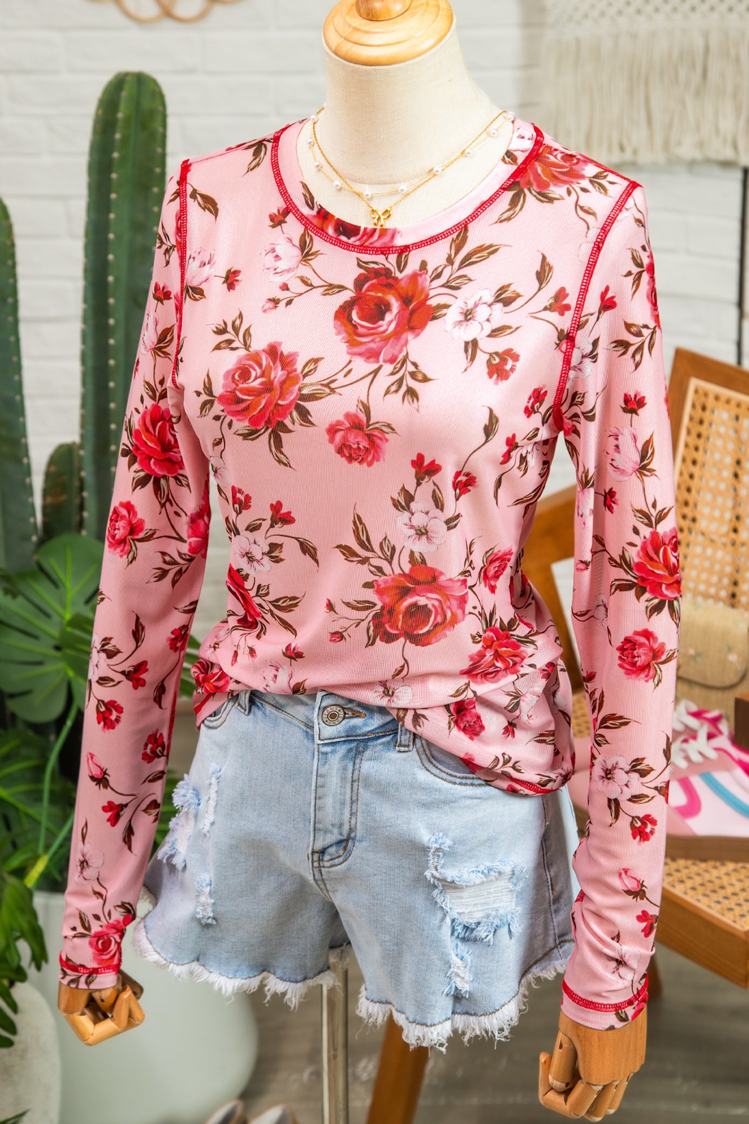 Pink Floral Print Exposed Seam Detail Mesh Long Sleeve Top