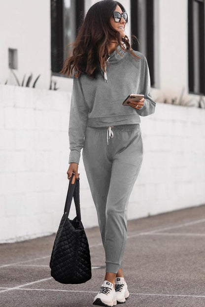 Gray Drawstring Hoodie and High Waist Pants Lounge Set - L & M Kee, LLC