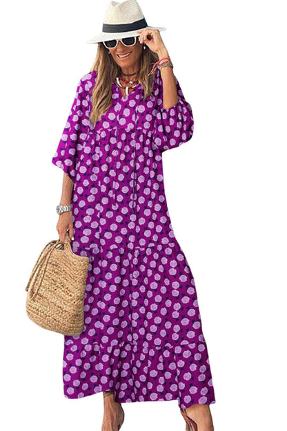 Purple Boho Printed Puff Sleeve Maxi Dress - L & M Kee, LLC