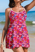 Rose Floral Print Ricrac Trim Spaghetti Strap One Piece Swim Dress