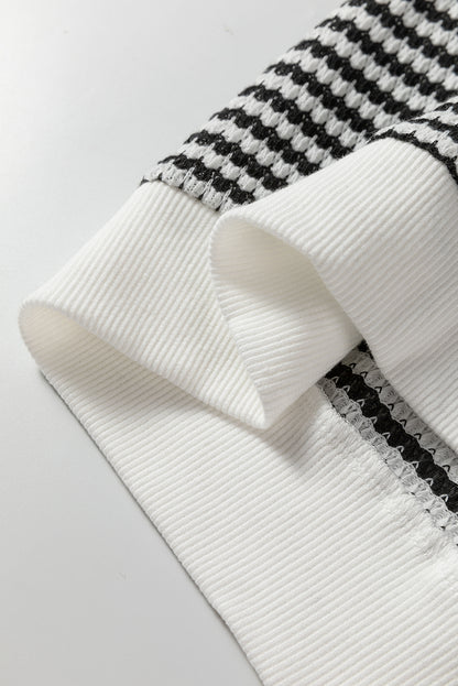 Black Stripe Textured Knit Contrast Hollowed Lace Patchwork Long Sleeve Top