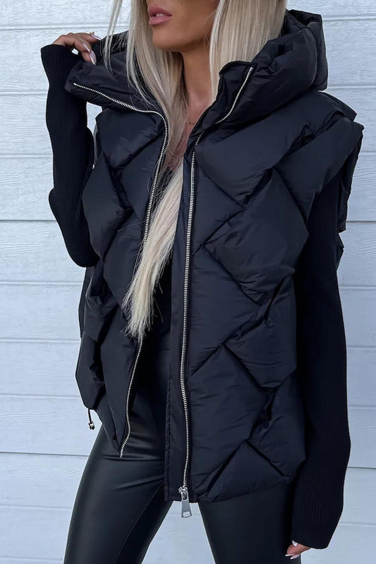 Black Quilted Zipper Front Hooded Vest Coat - L & M Kee, LLC
