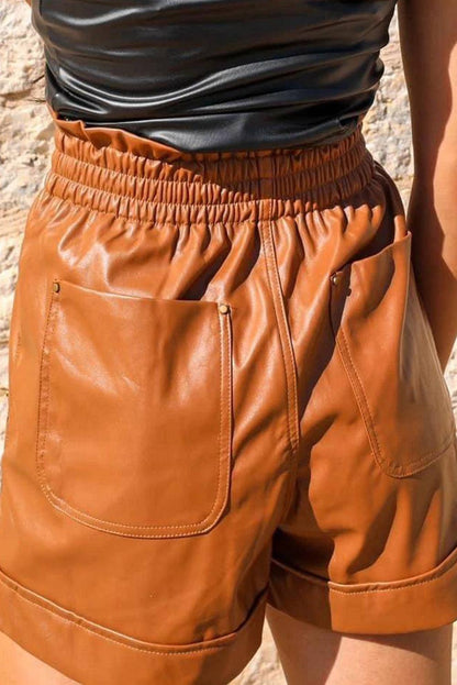 Brown Patch Pockets Faux Leather High Rise Shorts - L & M Kee, LLC