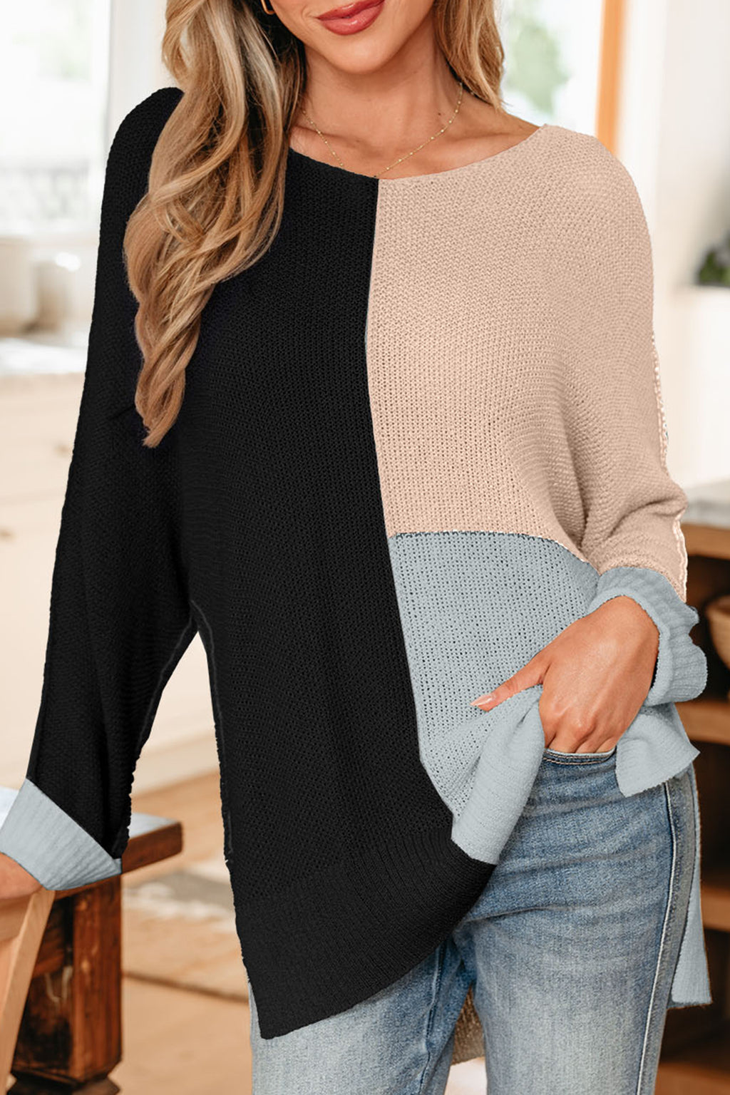 Chestnut Color Block Knit V Neck Loose Sweater