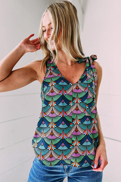 Printed Knotted Shoulder Tank Top