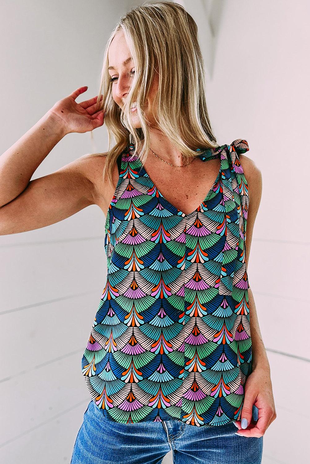 Printed Knotted Shoulder Tank Top - L & M Kee, LLC