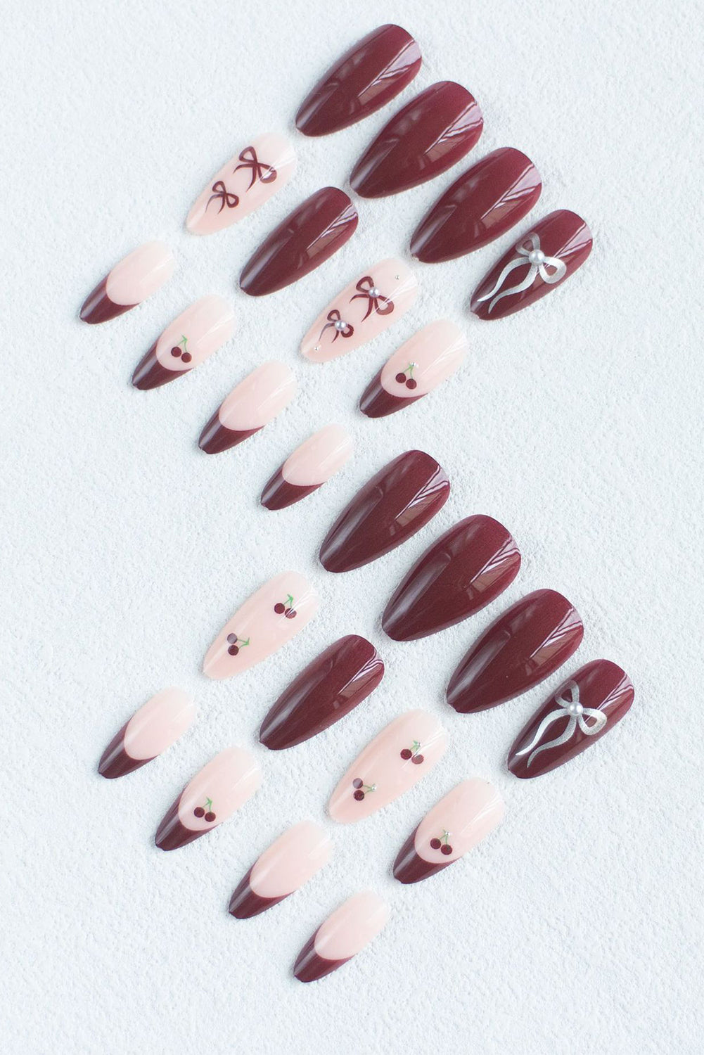 Racing Red Bow Cherry Pearled Almond Shape Nail Stickers with Jelly Glue