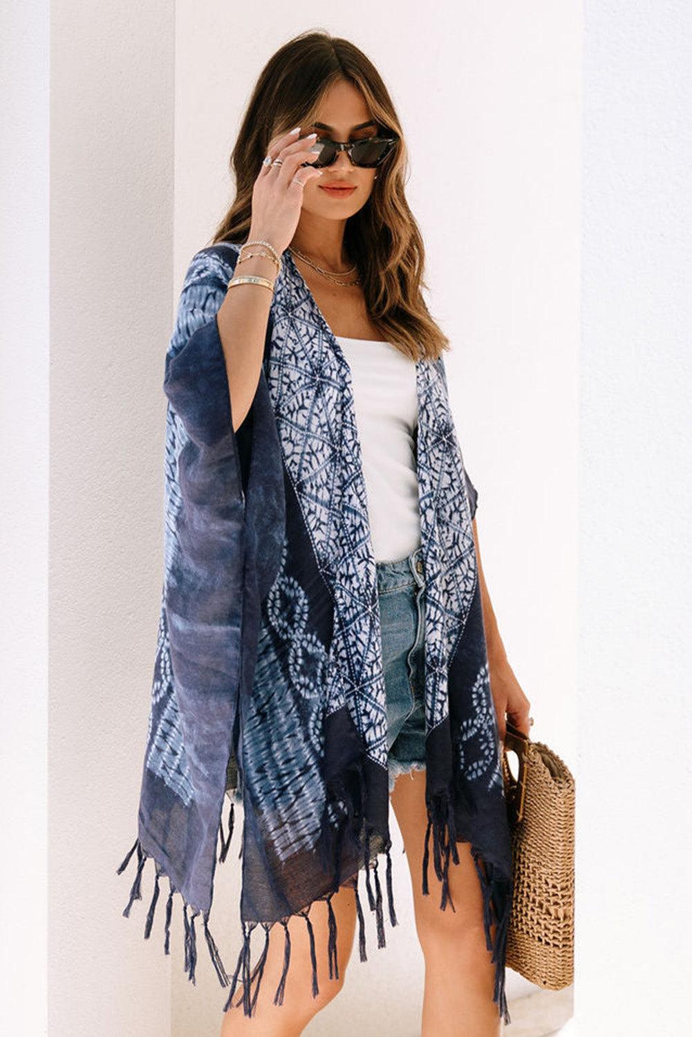 Blue Tie Dye Short Sleeves Tassels Kimono - L & M Kee, LLC