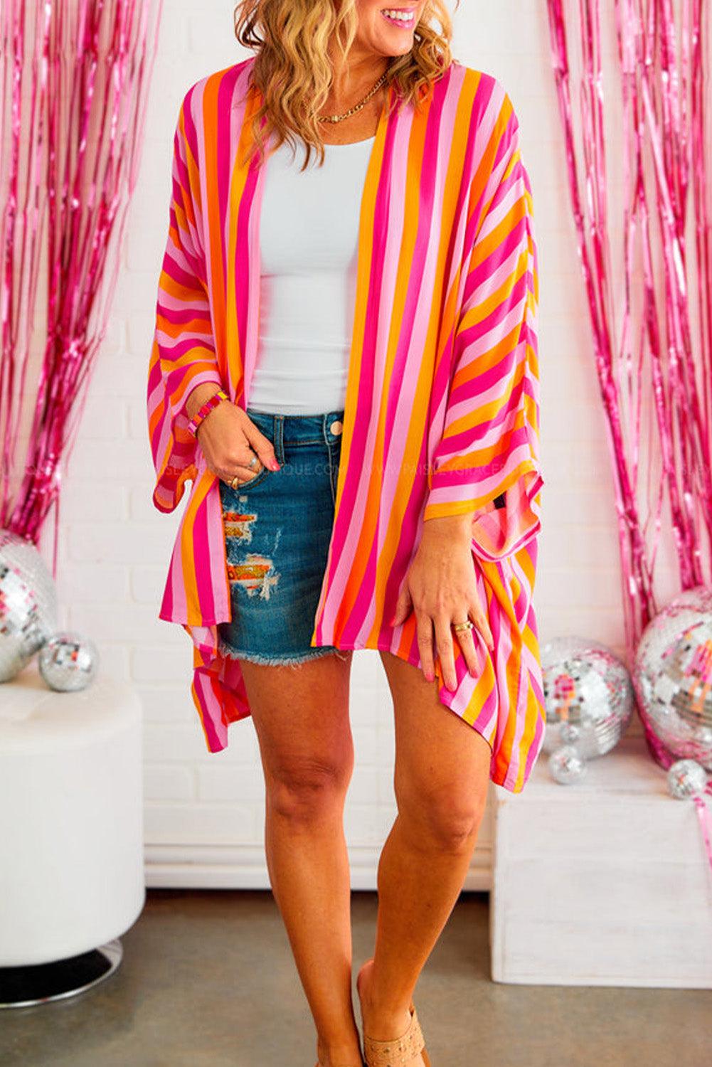 Rose Stripe Wide Sleeve Open Front Kimono - L & M Kee, LLC