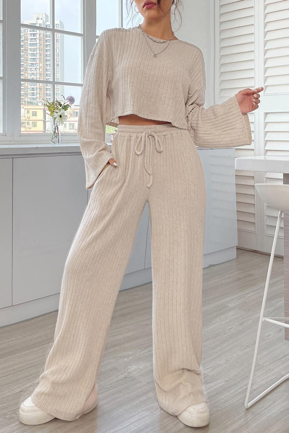 Khaki Ribbed Knit Bell Sleeve Crop Top Drawstring Pants Set - L & M Kee, LLC