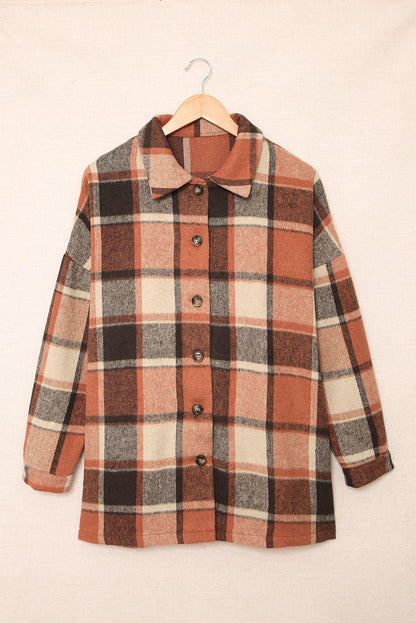 Orange Plaid Print Buttoned Shirt Jacket - L & M Kee, LLC