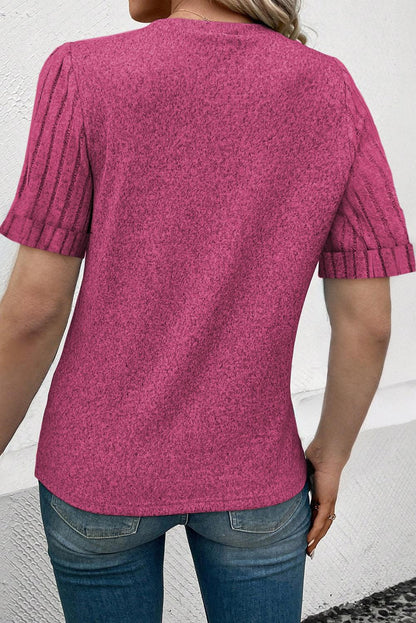 Bright Pink Ribbed Splicing Sleeve Round Neck T-shirt - L & M Kee, LLC