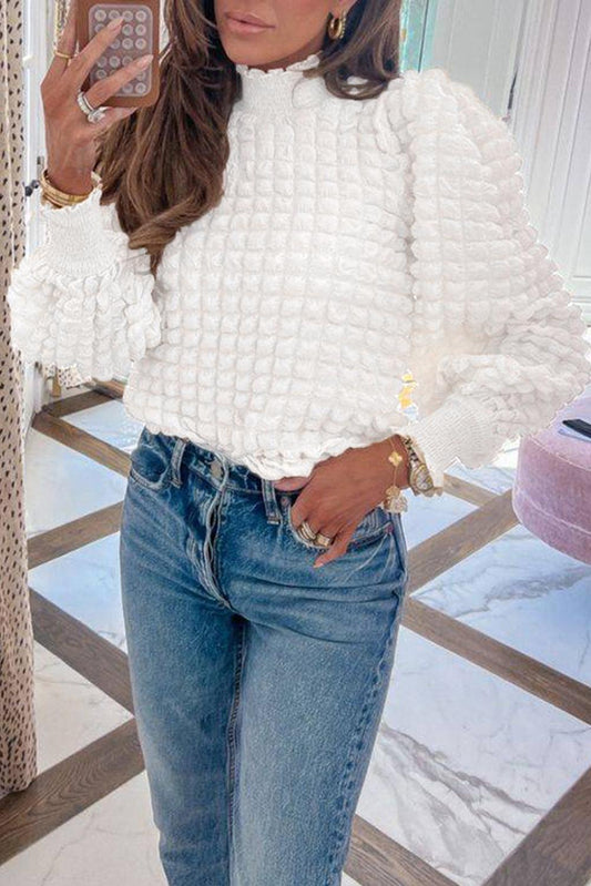 White Textured Smocked Mock Neck Puff Sleeve Blouse - L & M Kee, LLC