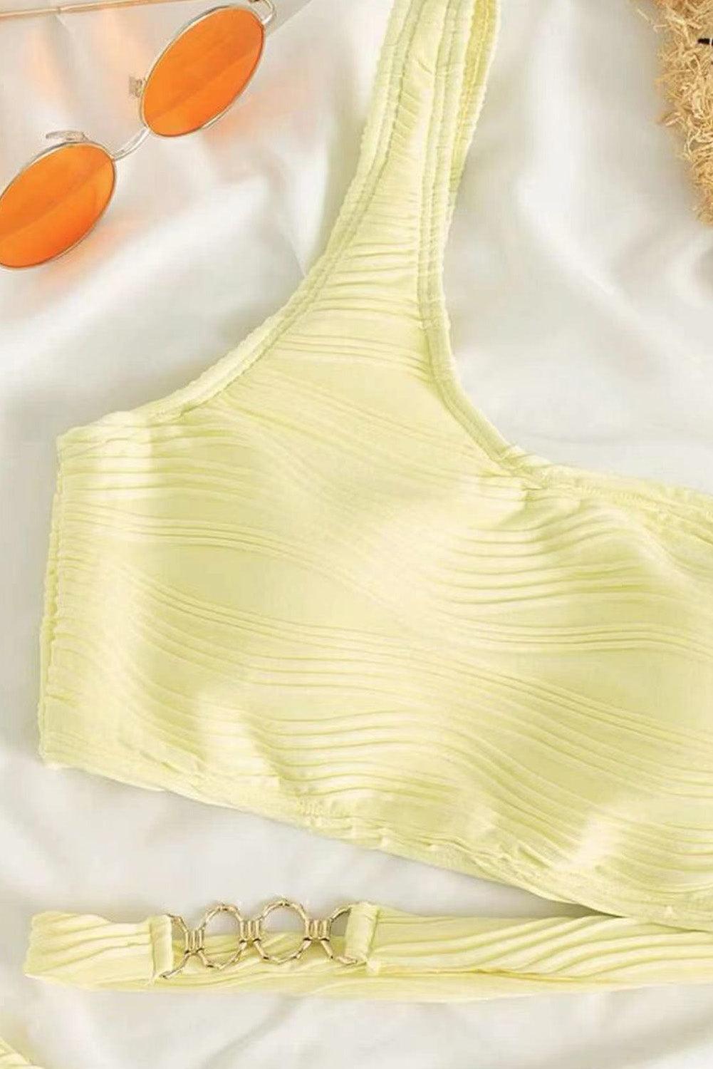 Yellow Cream Wavy Textured Asymmetrical One Shoulder Bikini - L & M Kee, LLC