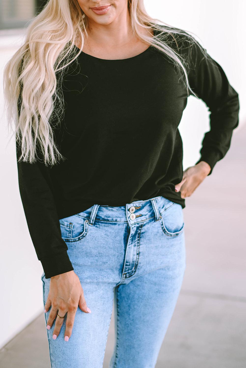 Solid Casual Round Neck Raglan Long Sleeve Tee - L & M Kee, LLC