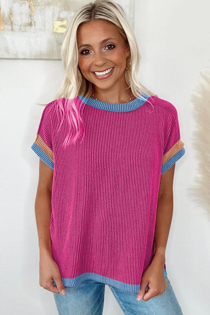 Bright Pink Textured Contrast Trim Round Neck T Shirt - L & M Kee, LLC