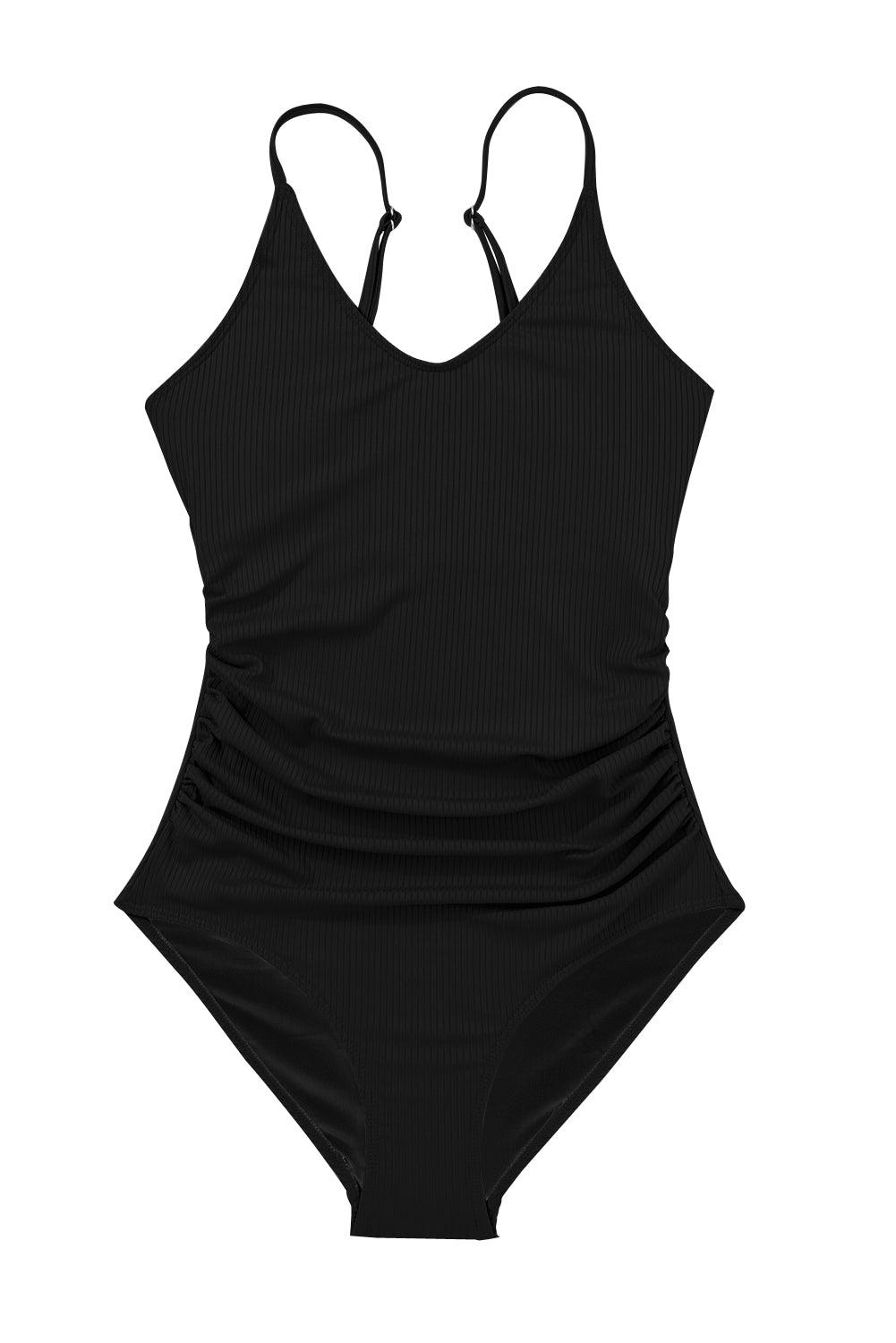 Black Ribbed Textured Scoop Neck One Piece Swimsuit - L & M Kee, LLC