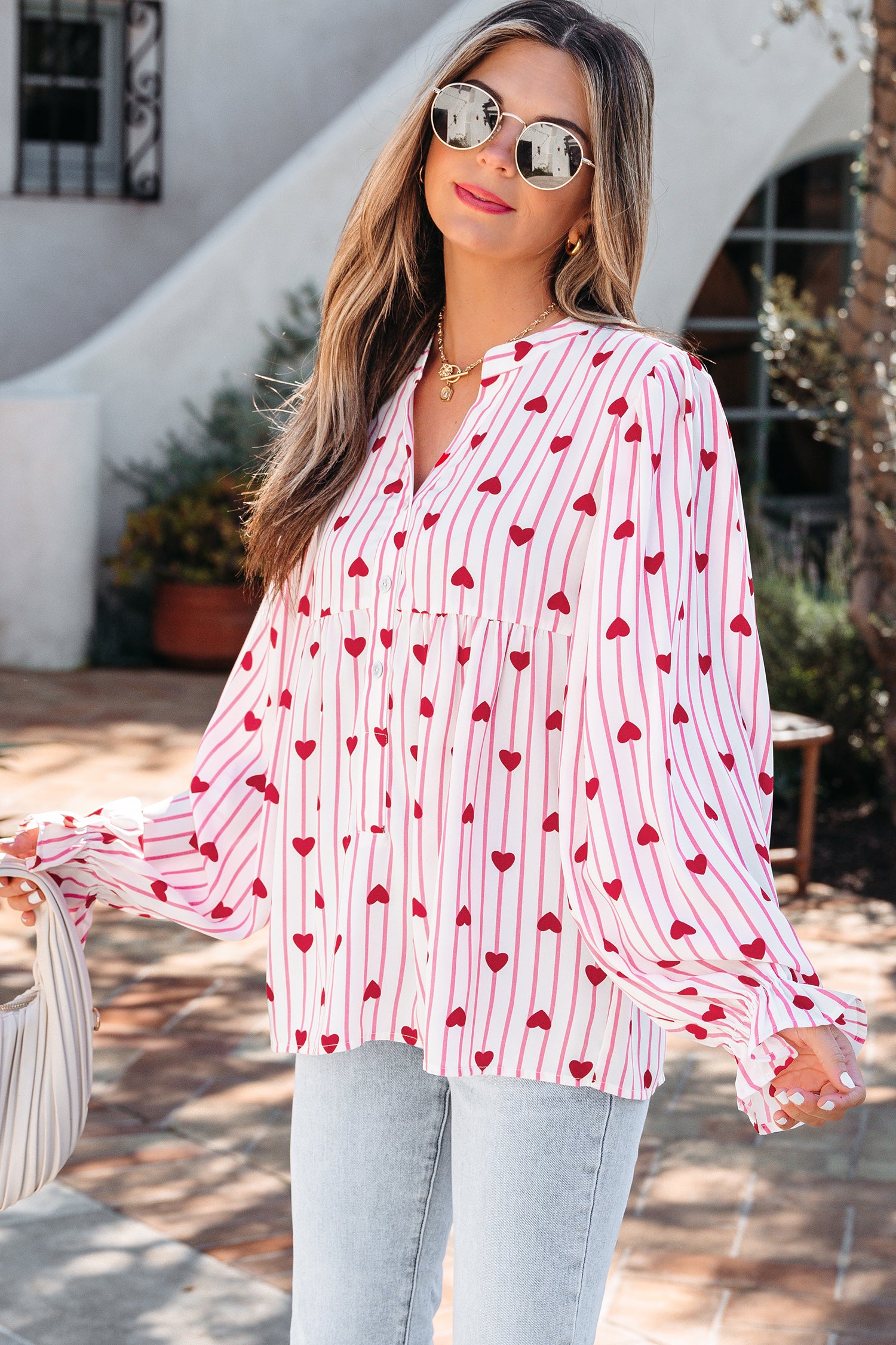 Pink Stripe Textured Heart Print Long Flounce Sleeve Shirt