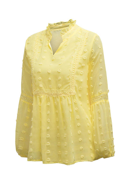 Blue Ruffled Split Neck Lace Hollow Out Puff Sleeve Polka Dot Blouse - L & M Kee, LLC