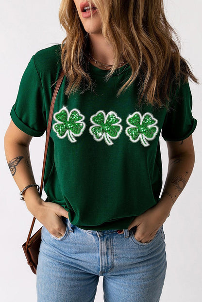 Green St Patrick Clover Patch Sequin Graphic T-shirt - L & M Kee, LLC