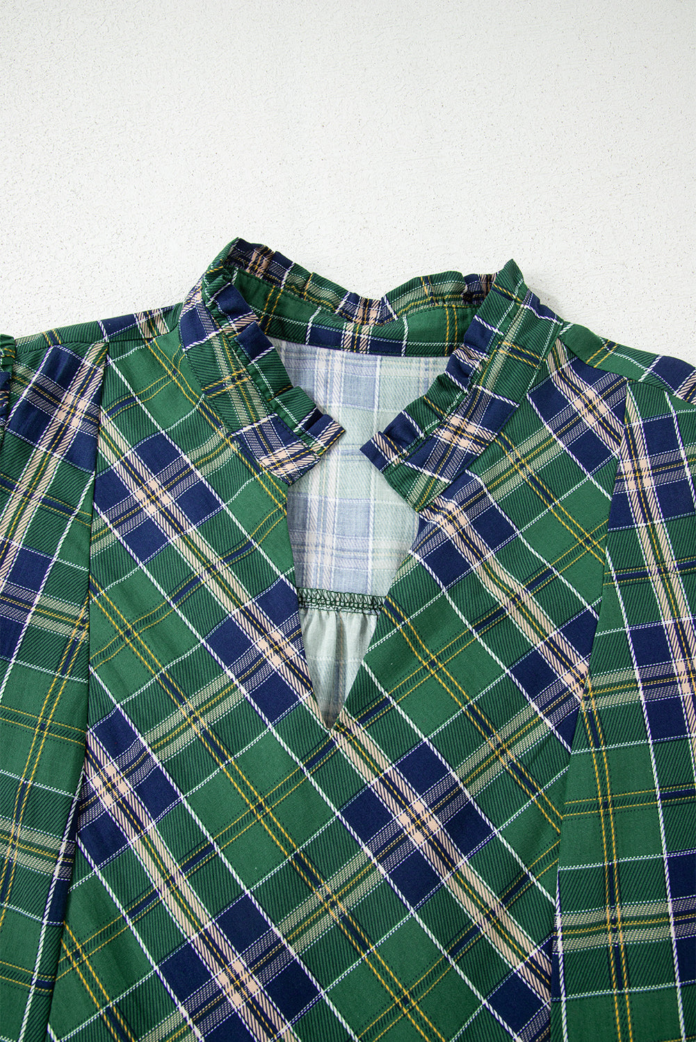 Green Plaid Print Frilly Collar Long Sleeve Shift Mini Dress