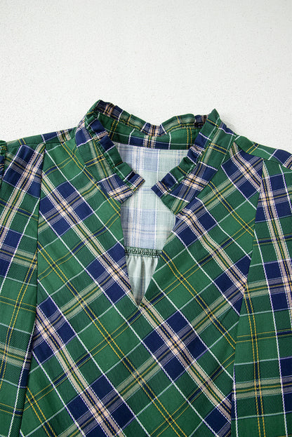 Green Plaid Print Frilly Collar Long Sleeve Shift Mini Dress