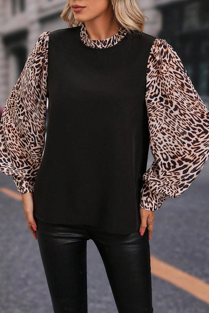 Black Contrast Leopard Print Lantern Sleeve Blouse - L & M Kee, LLC