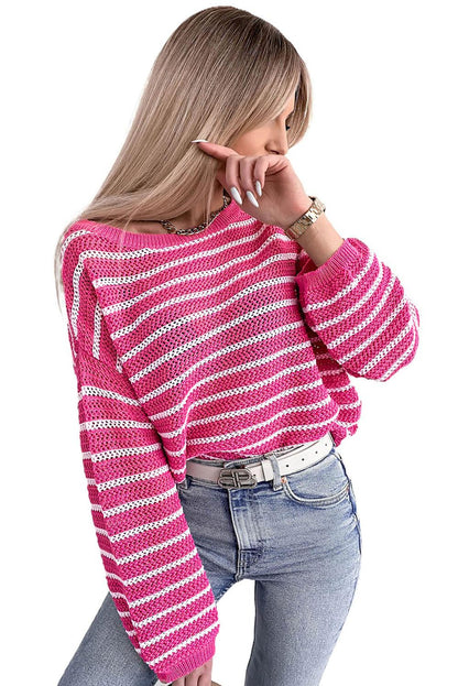 Rose Drop Shoulder Contrasting Striped Sweater - L & M Kee, LLC