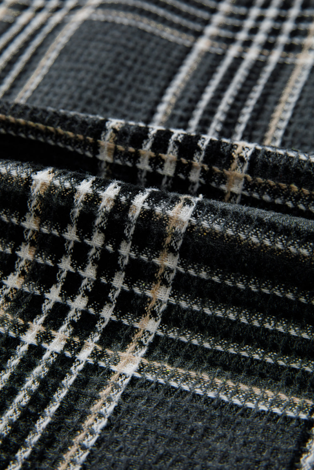 Black Plaid Print Textured Knit Buttoned Shacket