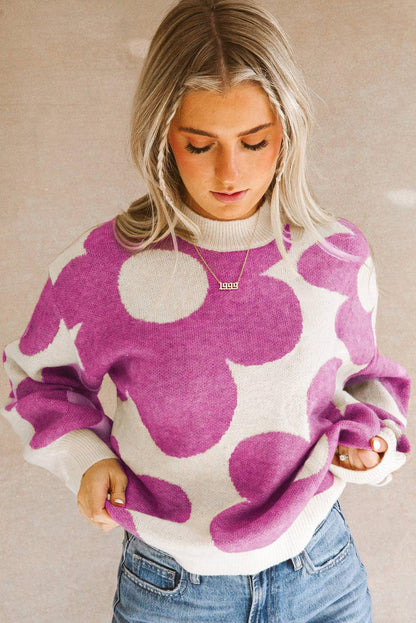 Bright Pink Big Flower Pattern Drop Shoulder Sweater - L & M Kee, LLC