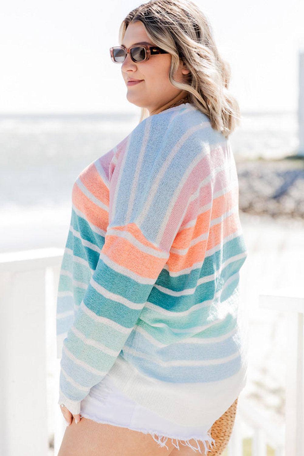 Multicolor Striped Long Sleeve Crewneck Plus Size Sweater - L & M Kee, LLC