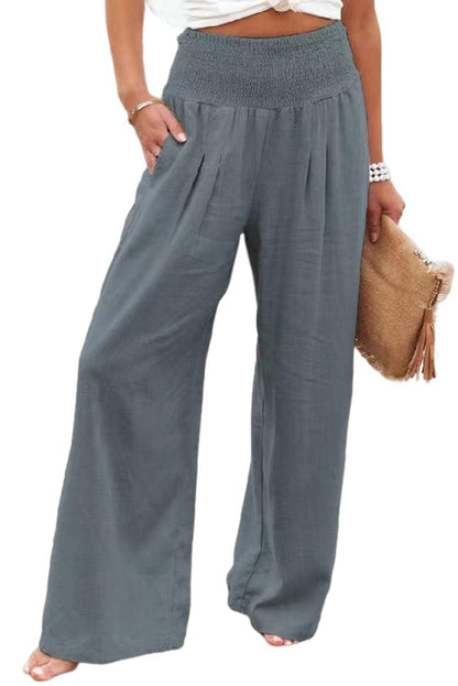 Khaki Smocked Wide Waistband High Waist Wide Leg Pants - L & M Kee, LLC