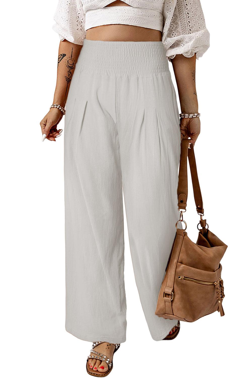 Khaki Smocked Wide Waistband High Waist Wide Leg Pants - L & M Kee, LLC