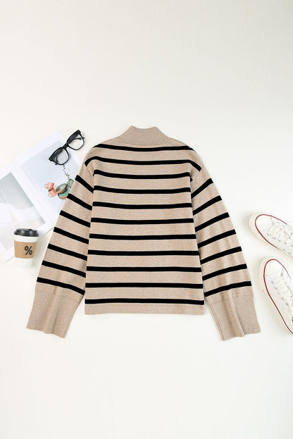 Khaki Striped Mock Neck Bell Sleeve Knit Sweater - L & M Kee, LLC