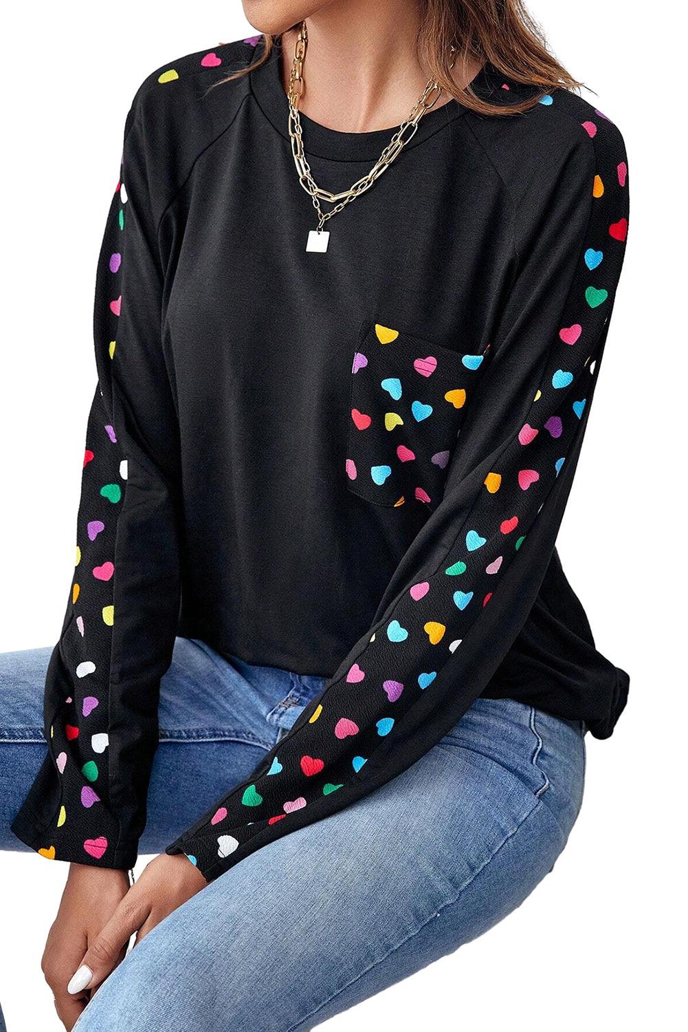 Black Valentine\'s Day Love Hearts Raglan Sleeve Top - L & M Kee, LLC