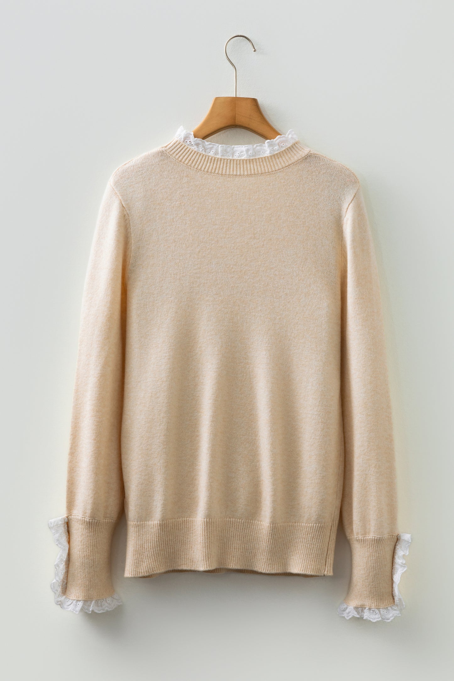 Jet Stream Lace Trim Patchwork Buttoned Cuffs Loose Sweater