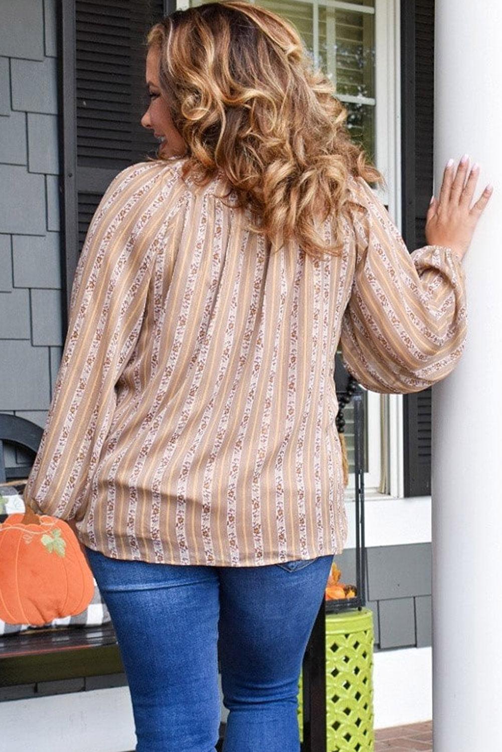 Plus Size Printed Split Neck Blouse - L & M Kee, LLC