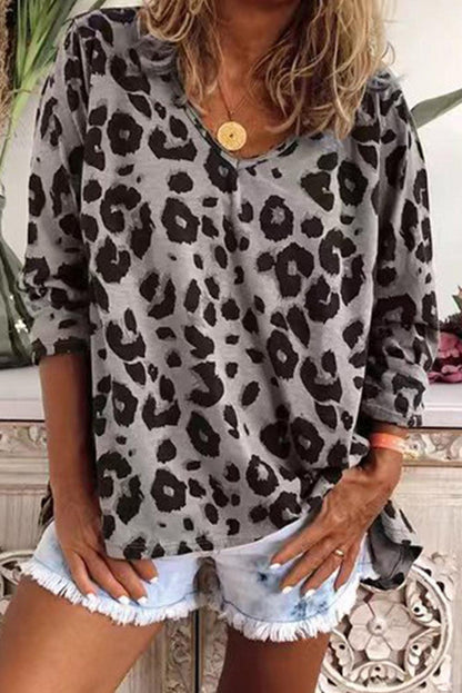 Gray Leopard Split Joint V Neck Long Sleeve Top - L & M Kee, LLC