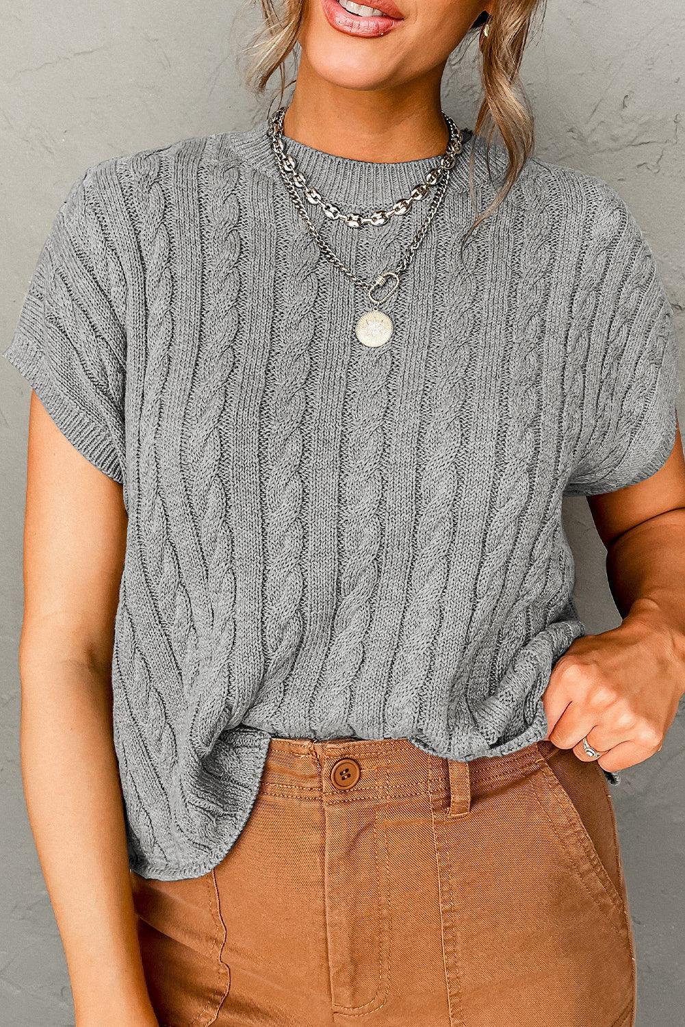 Chestnut Crew Neck Cable Knit Short Sleeve Sweater - L & M Kee, LLC