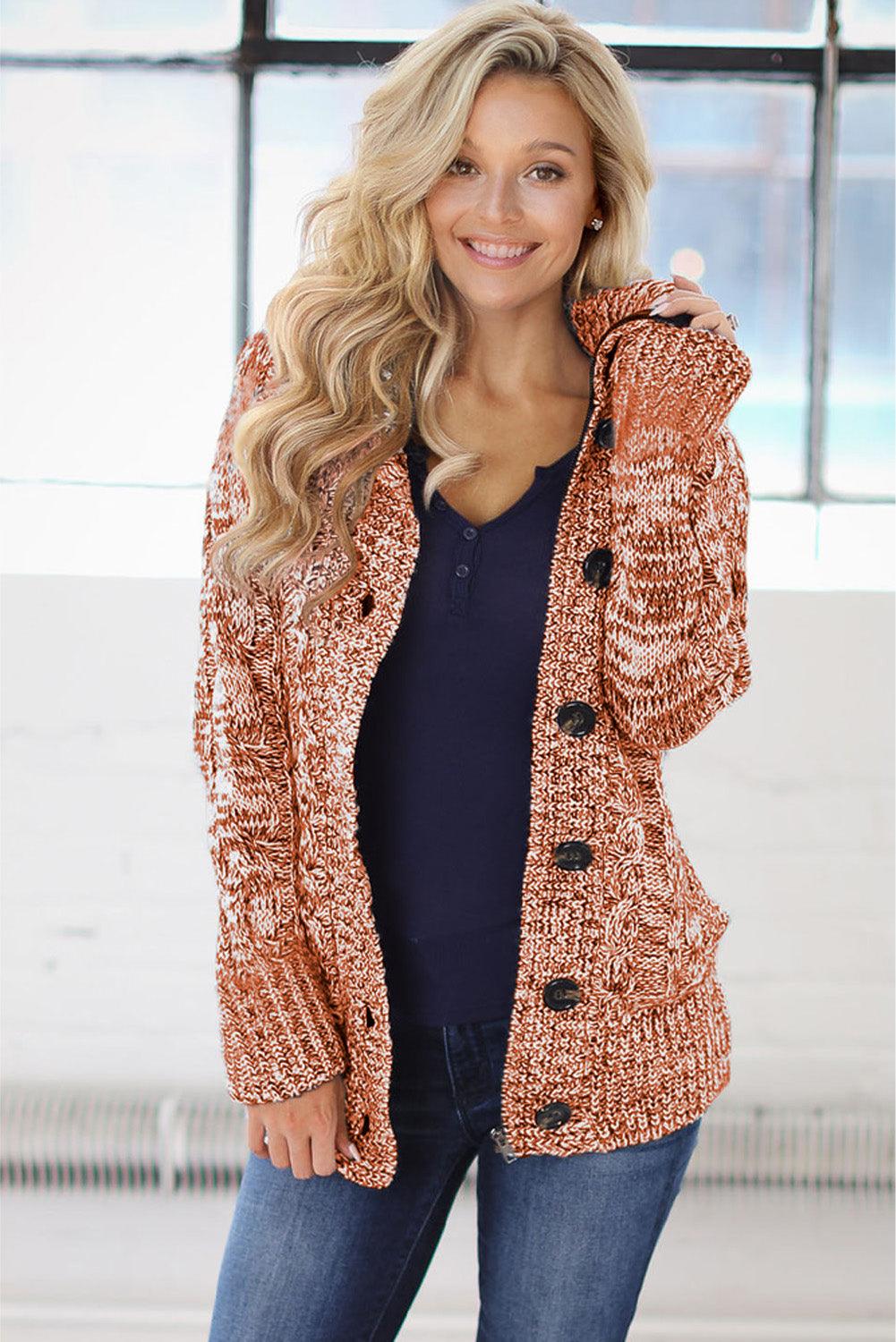 Orange Long Sleeve Button-up Hooded Cardigans - L & M Kee, LLC