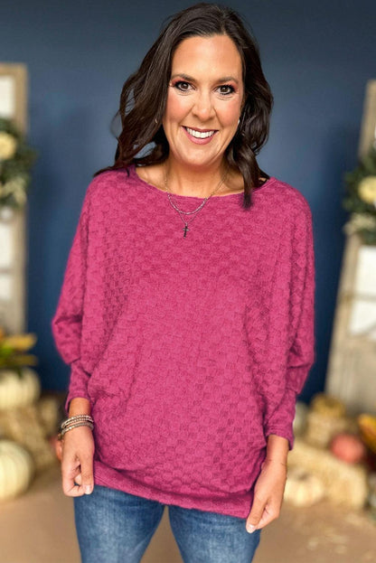 Bright Pink Checker Textured Dolman Sleeve Top - L & M Kee, LLC