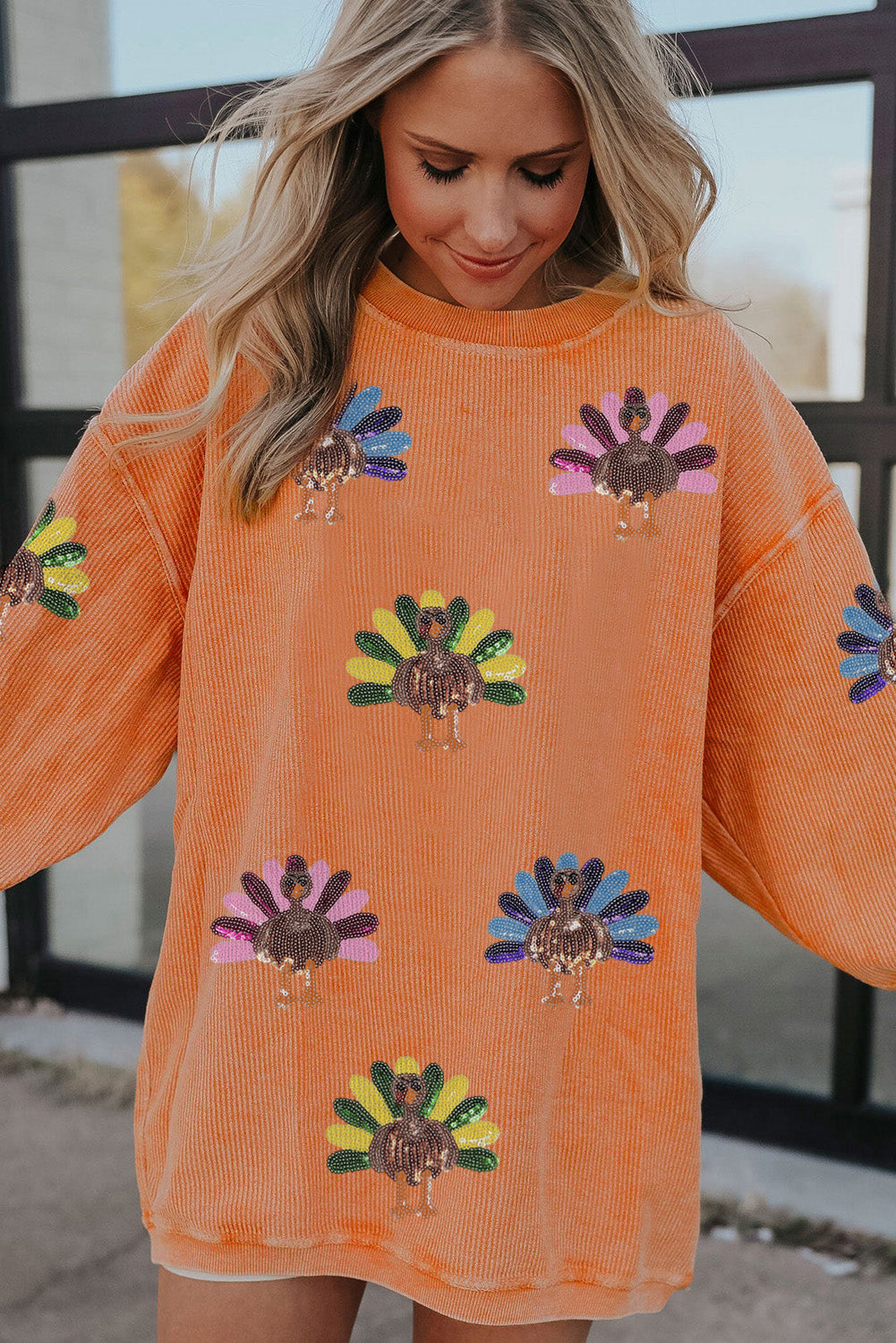 Orange Turkey Graphic Corded Baggy Sweatshirt